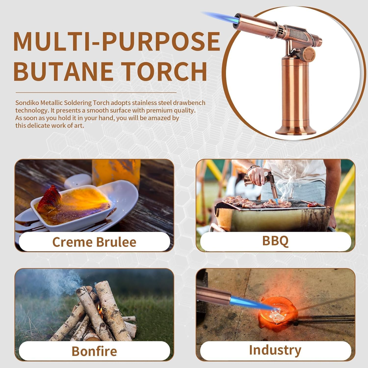 Sondiko Butane Torch, Premium Metal Big Flame Torch, Refillable Blow Torch Lighter with Adjustable & Wind Resistance Flame for Soldering, Cooking, Bbq(Butane Gas Not Included) image number 6