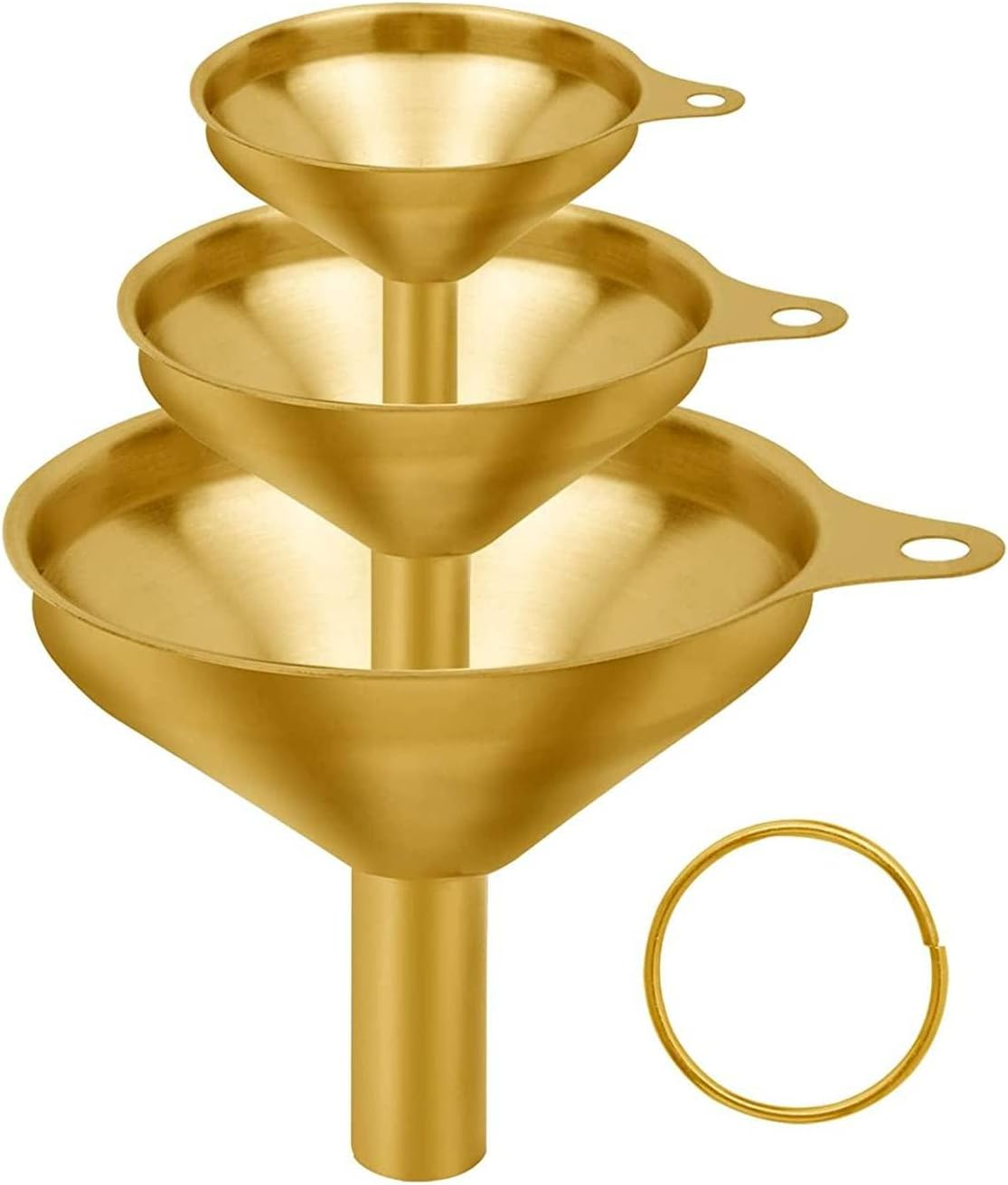 Stainless Steel Funnels, 3 Pack Gold Metal Kitchen Funnel Set, Food Grade Kitchen Gadgets Accessories, Mini Funnels for Filling Bottles, Liquid Transfer, Cooking, Car Oil, Lab Use image number 2