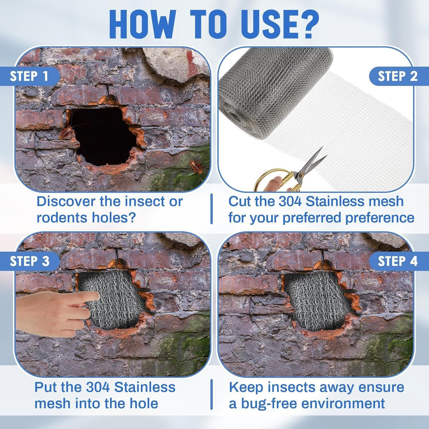 Xinghonyac Wire Mesh Hole Fill Fabric, 12.7Cm X 3M Stainless Steel Wire Mesh Roll Woven Rodent Mesh for Garden Mouse Hole Filling, Outdoor Barrier, Pest Prevention image number 5