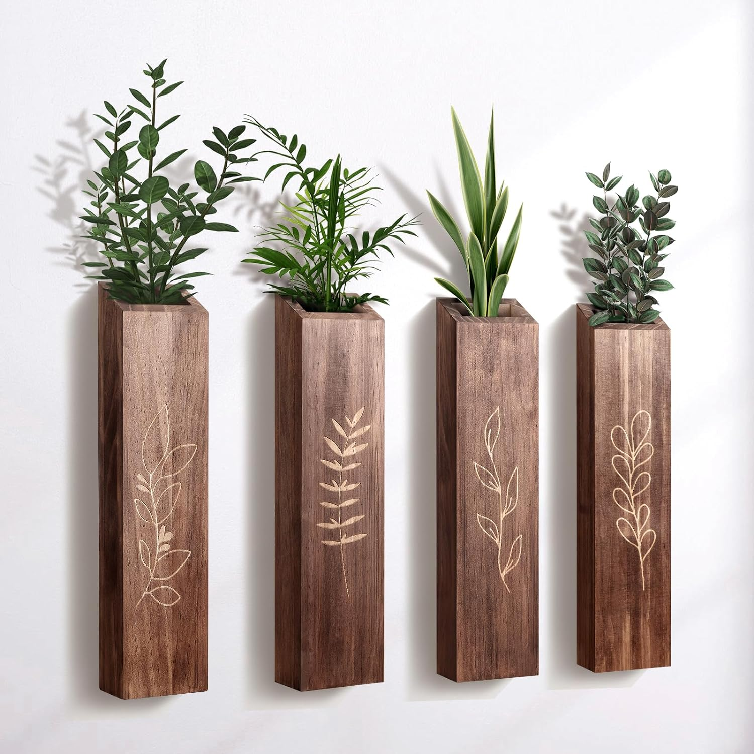4 Pack Wood Indoor Wall Planter, Modern Boho Wall Decor for Living Room Bedroom, Farmhouse Pocket Vases for Dried Flowers and Faux Greenery Plants - Brown image number 6
