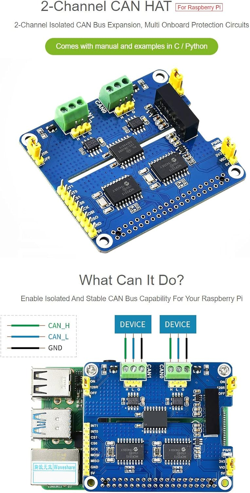 Waveshare 2-Channel CAN Bus Expansion HAT for Raspberry Pi MCP2515 + SN65HVD230 Dual Chips Solution image number 4