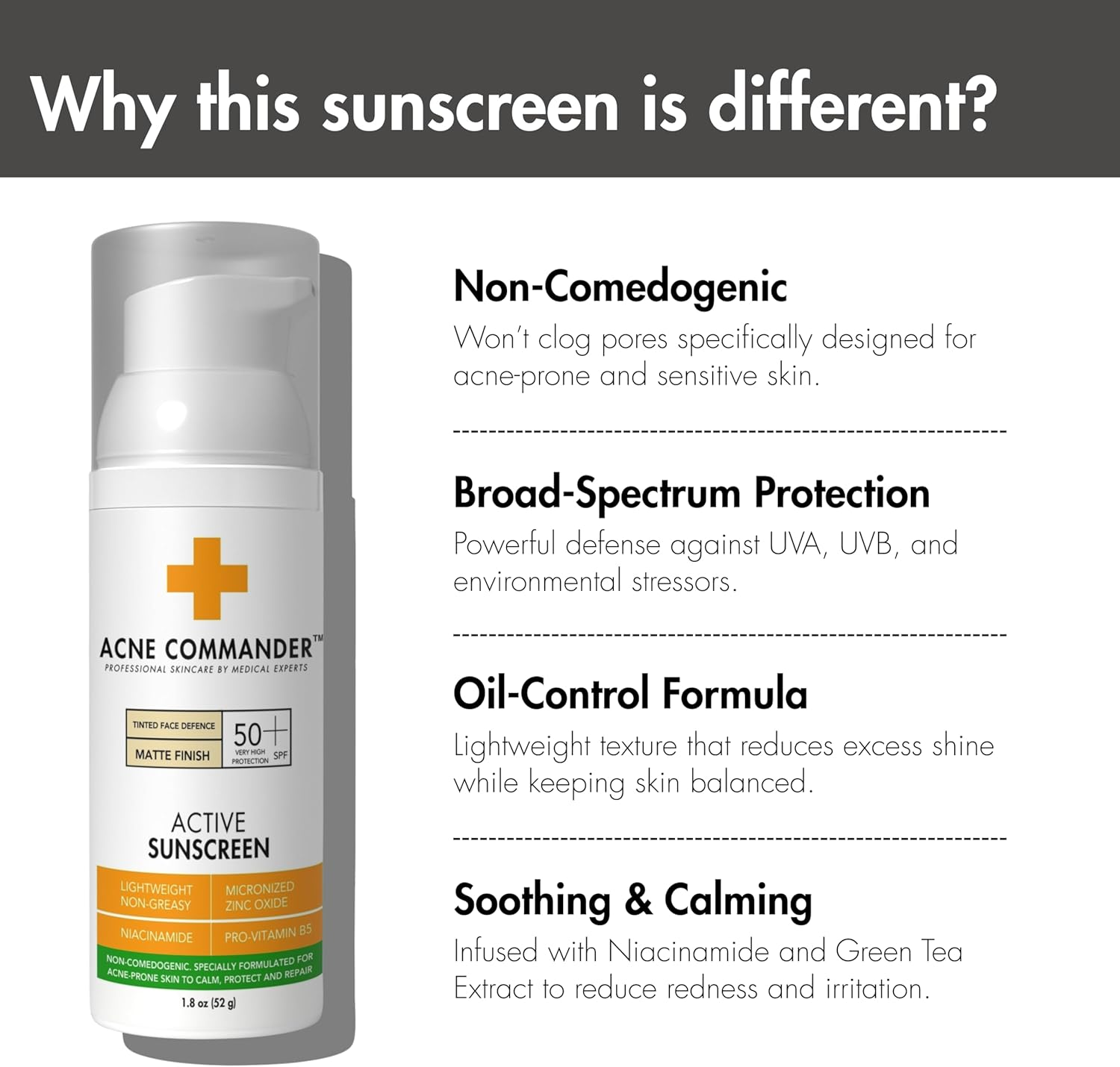 Acne Commander Non-Comedogenic Active Sunscreen for Sensitive and Acne Prone Skin - Tinted 52G image number 4