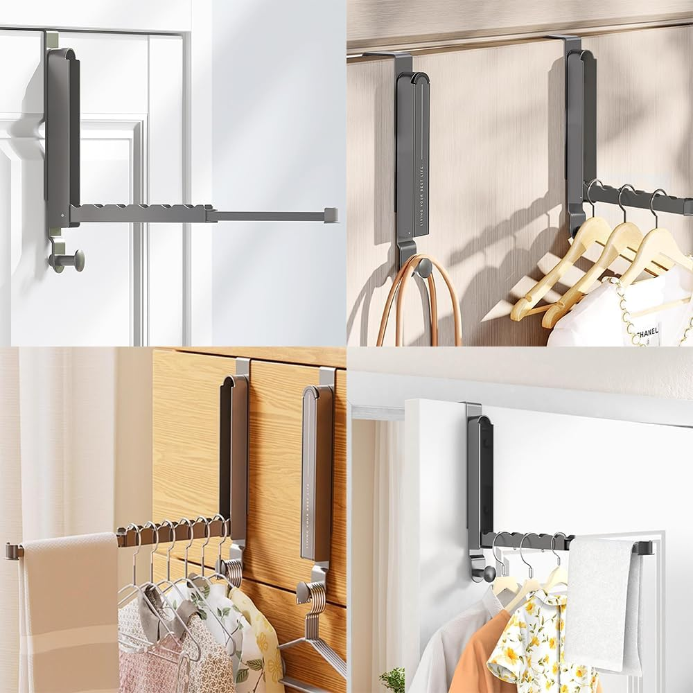 NYGHMY 2 Pcs Folding Clothes Drying Rack over the Door, Foldable Travel Hanger with Retractable Hanging Rod - Space Saving Laundry Solution, Gun Grey image number 6