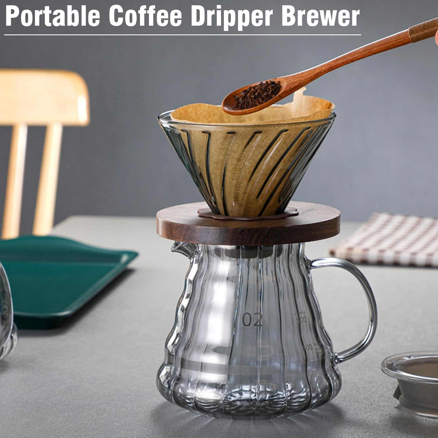 Qiccijoo Pour over Coffee Maker Set,Drip Coffee Maker with 100 Pcs V01 Paper Filter,20 Oz Borosilicate Glass Carafe,Portable Coffee Dripper Brewer for Home Cafe Restaurant Camping, 600Ml image number 4