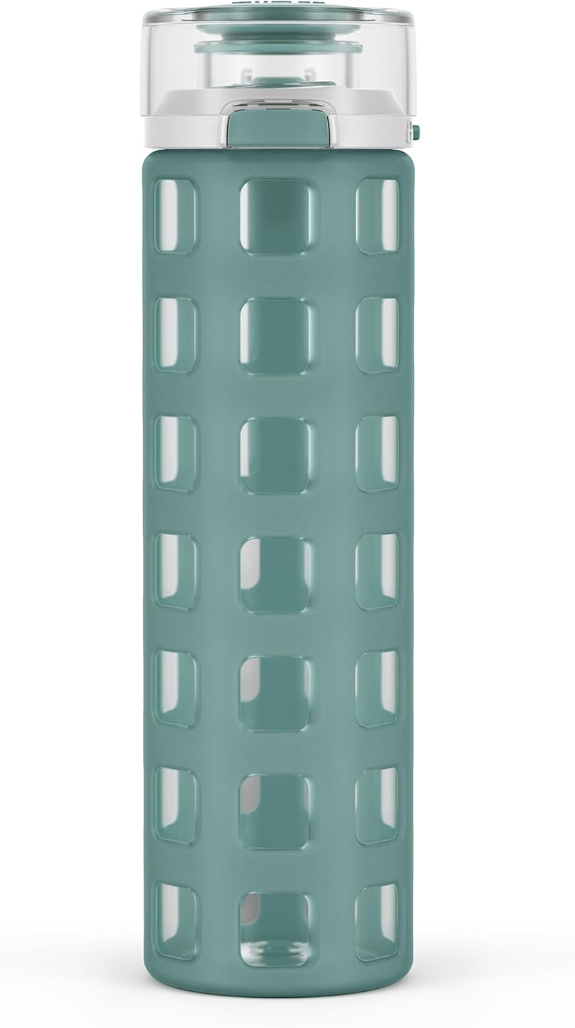 Ello Syndicate Glass Water Bottle with One-Touch Flip Lid and Protective Silicone Sleeve and Carry Loop, BPA Free, Dishwasher Safe,20Oz