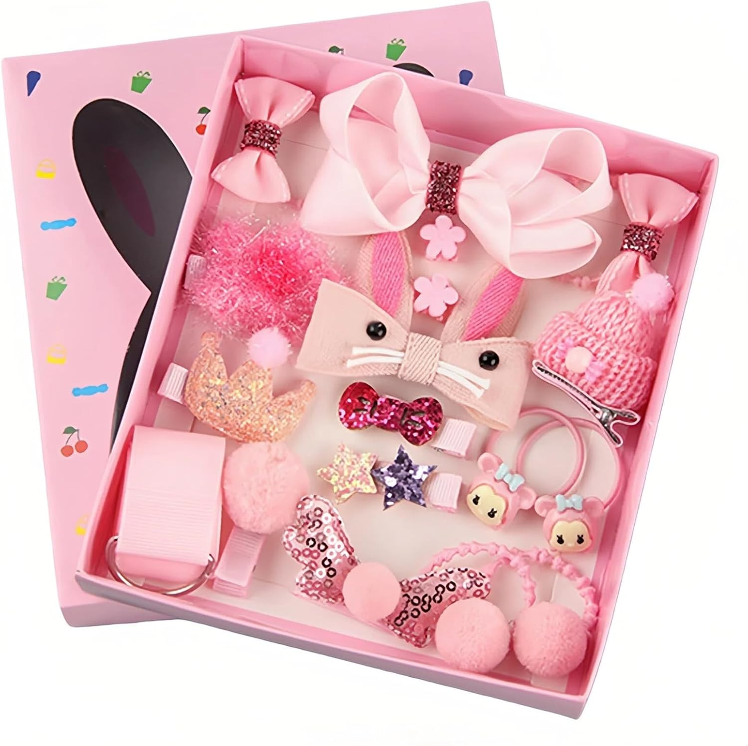 18 Pcs Cute Girls Hair Accessories Elastic Hair Bands Toddler Hair Clips Various Styles Girls Hair Accessories with Gift Box Suitable for Girls Baby Teenage (Pink) image number 1