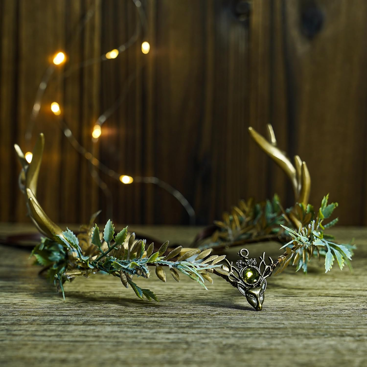 MOSTORY Handmade Golden Forest Antler Crown - Forest Flower Headband Elf Headpiece Fairy Flower Circlet for Women Girls Renaissance Fair Christmas Wedding Cosplay Photo Shoot image number 4