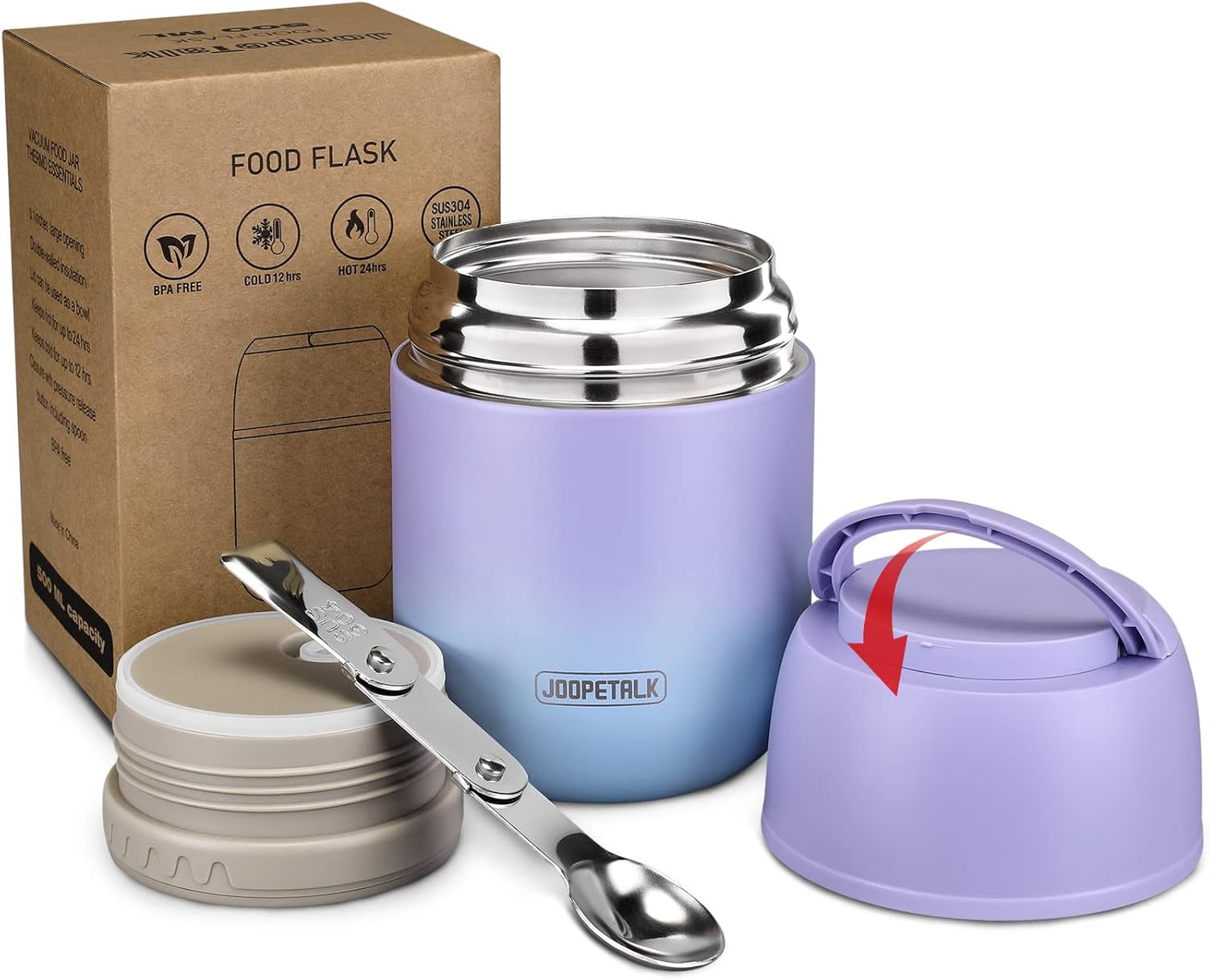 17 Oz Insulated Lunch Containers Hot Food Jar, Wide Mouth Lunch Thermos for Hot Food Kids Adults, Vacuum Stainless Steel Thermos Lunch Box with Handle Folding Spoon for School, Office (Blue-Pink) - Blue image number 6