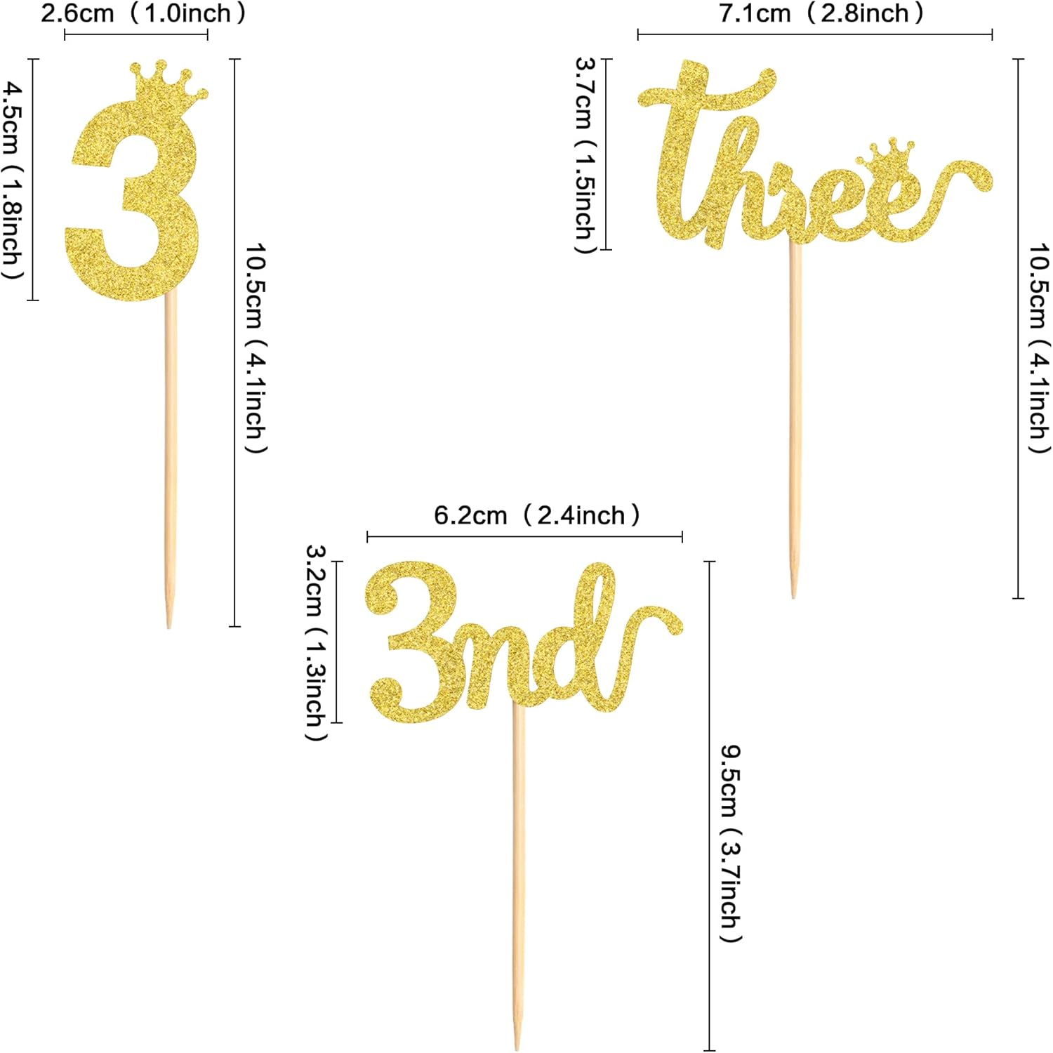 24PCS 3Nd Crown Birthday Cupcake Toppers Three Birthday Three Cupcake Picks Baby Shower Theme Prince Crown Party Cake Decorations Supplies Gold