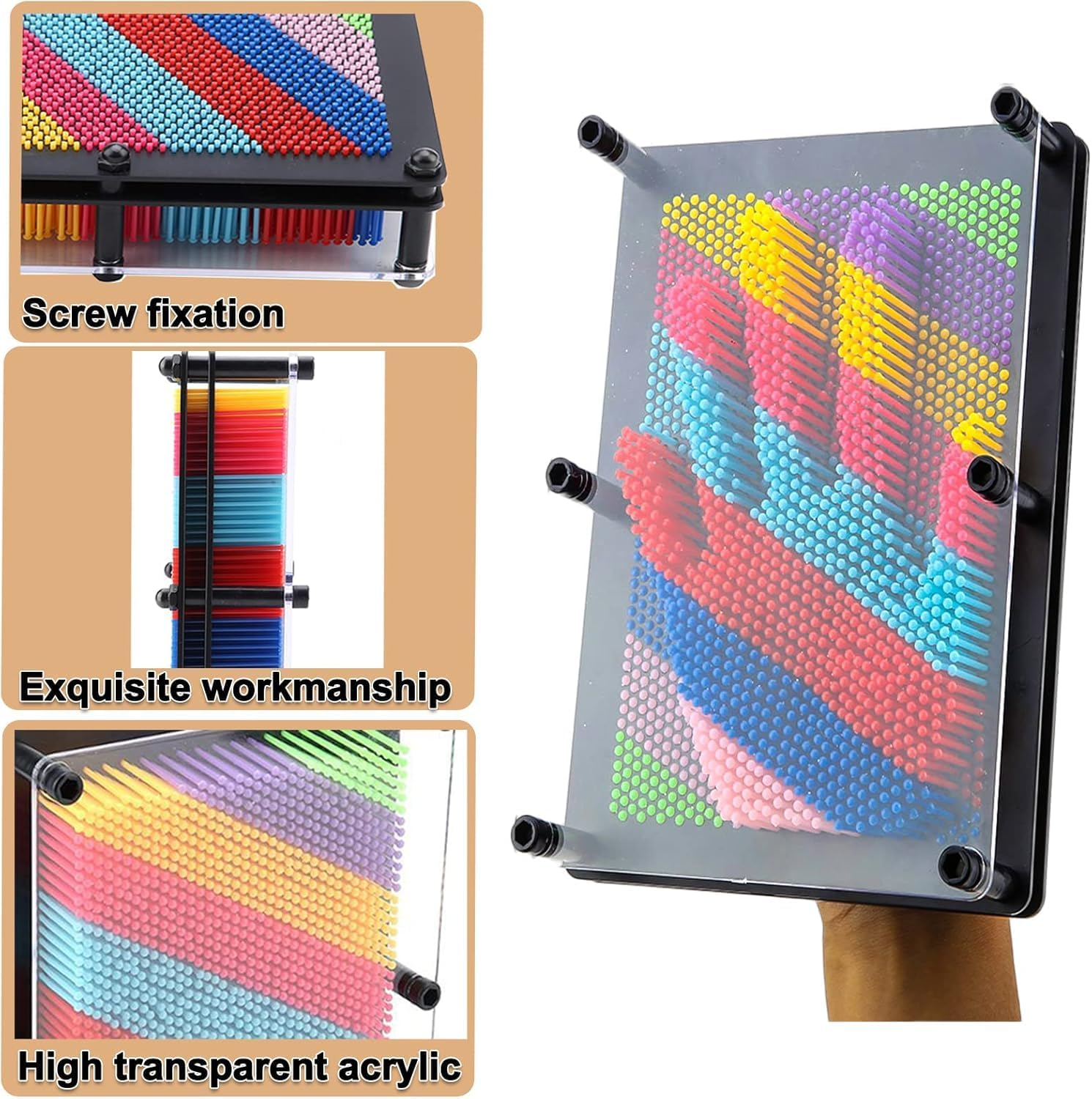 3D Pin Art,Large Size 6" X 8" Plastic Board- Unique Rainbow Design,Classic Desktop Novelty Sculpture Impression Needle Art