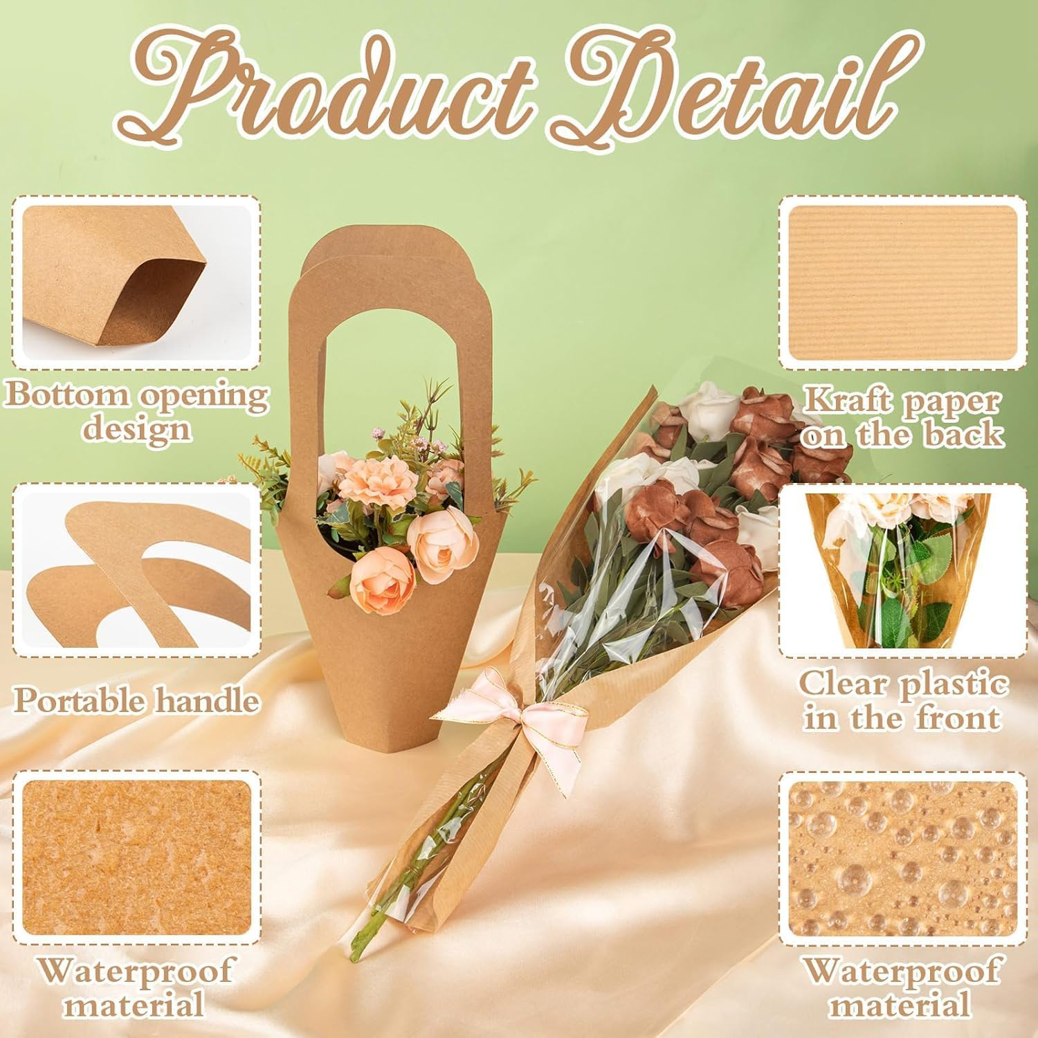 50 Pcs Flower Wrapping Bags, Clear Kraft Paper Bulk with 4 Pcs Kraft Bouquets Wrap Bags, Floral Packing Sleeves for Bouquet Bridal Shower Wedding Birthday Graduation Anniversary Supplies image number 2