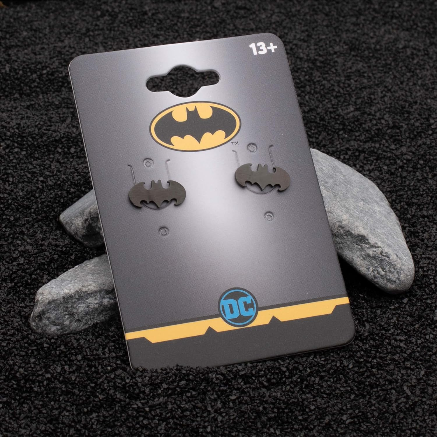 DC Comics Officially Licensed Hypoallergenic Batman "The Dark Knight" Cut Stainless Steel Stud Earrings, Unisex, One Size, One Size, Stainless Steel image number 5