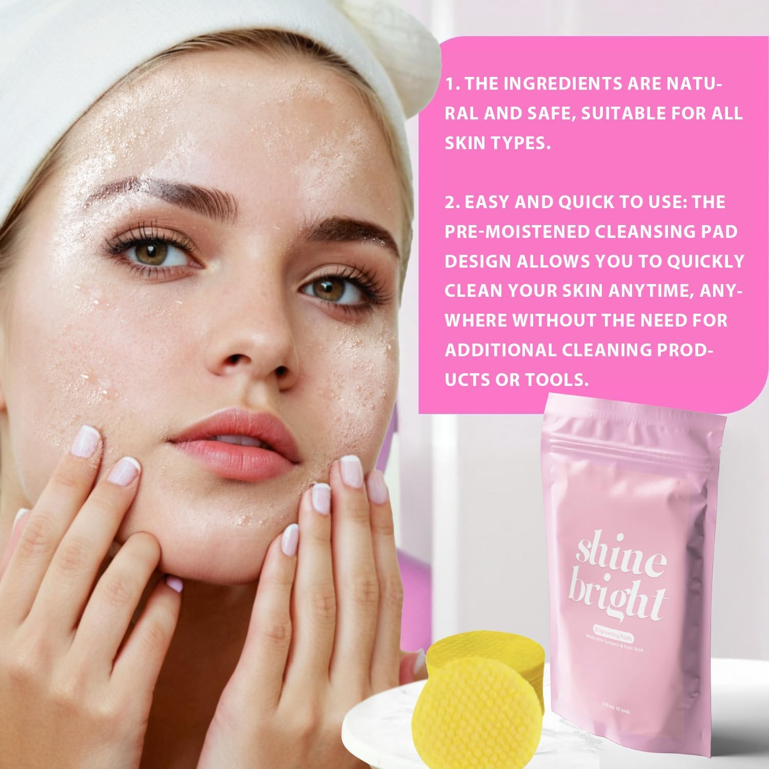 40 Pcs Kojic Acid and Turmeric Cleansing Pads,Turmeric Cleansing Pads for Dark Spots and Exfoliating, Reduce Blemishes & Dark Area,Deep Cleansing Oil Control Shrink Pore Mild Formula, for All Skin Types,100% Natural image number 6