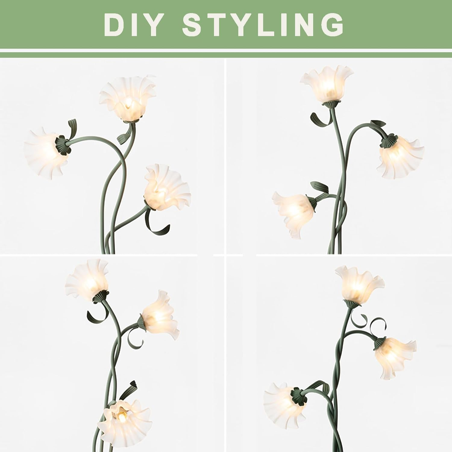 Green Floor Lamp - European DIY Iron Lamp with 3 Rotating Flowers, 170 Cm Modern Lamp, Suitable for Bedroom, Living Room, Study, Office, Includes 3 Bulbs