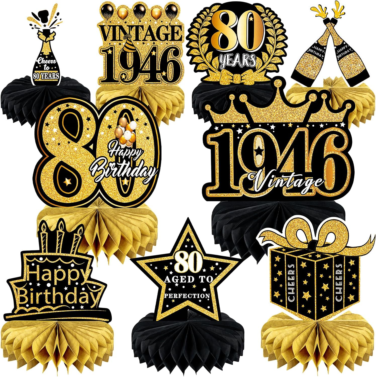 9 Pcs 70Th Birthday Decoration for Men Women - Honeycomb Centerpieces & Table Decorations - Black & Gold - Cheers to 70 Years - 1955 Birthday Party Favors