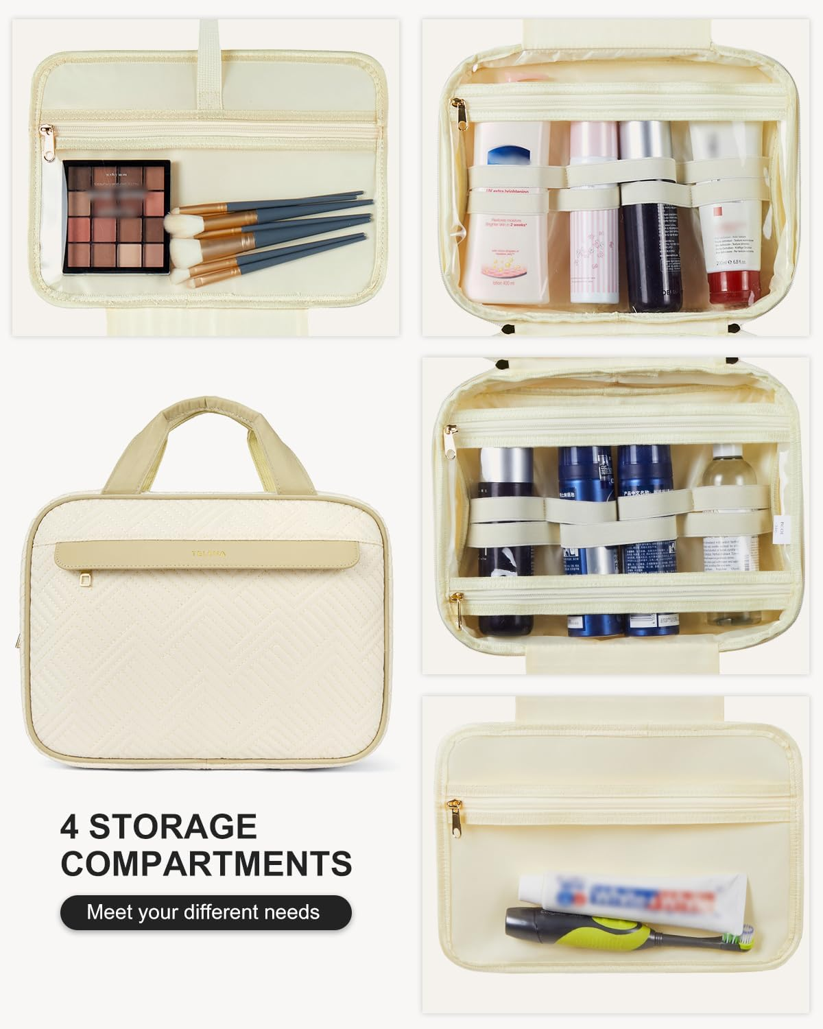 DDPOND Hanging Travel Toiletry Bag - Quilted Convenient & Stylish Organizer for Traveling Women, Pink - Light Pink image number 6