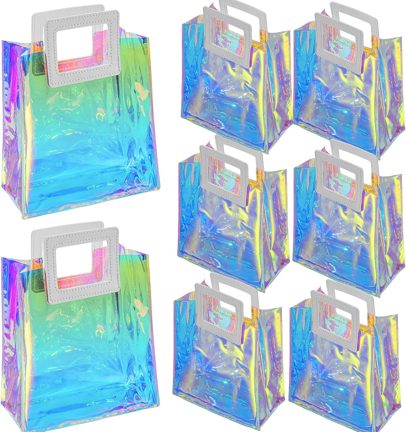 Holographic Small Gift Bags 2 Pack 7.9 * 7.1 * 3.9 Inch with Handles for Women, Girls, Birthday, Christmas, Bachelorette Party Favors, Shopping Reusable Clear Gift Wrap Bag