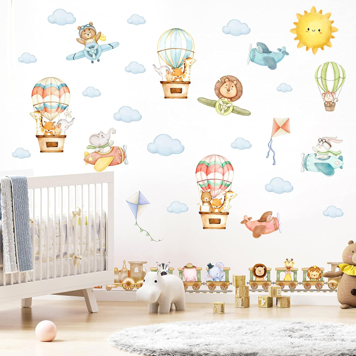 Vintage Airplane Wall Decals Cartoon Aircraft Balloon Animal Wall Stickers Moon Star Cloud Fabric Wall Stickers Cute Helicopter Watercolor Plane Wall Decals for Boys Room Kids Bedroom Nursery Decor