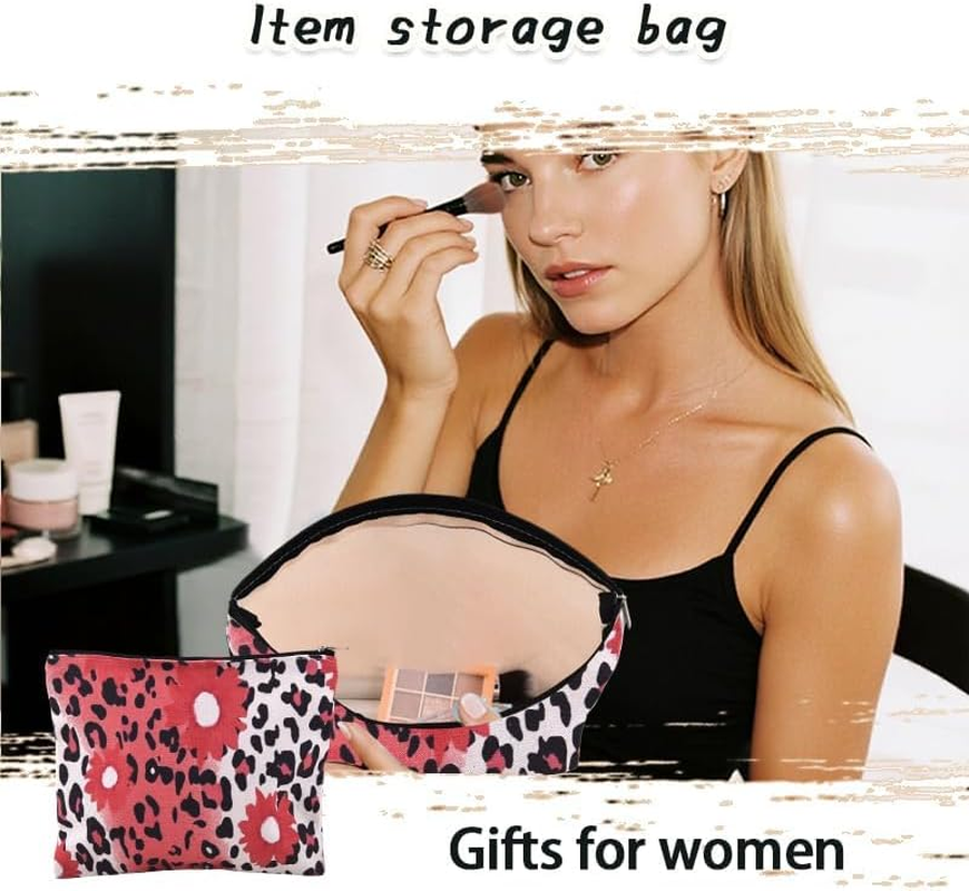 Flower Leopard Print Makeup Bag for Women Cheetah Cosmetic Bag Pouch for Animal Print Toiletry Bags for Best Friend Christmas Birthday Gifts for Girlfriend Wife Leopard Storage Bags image number 2