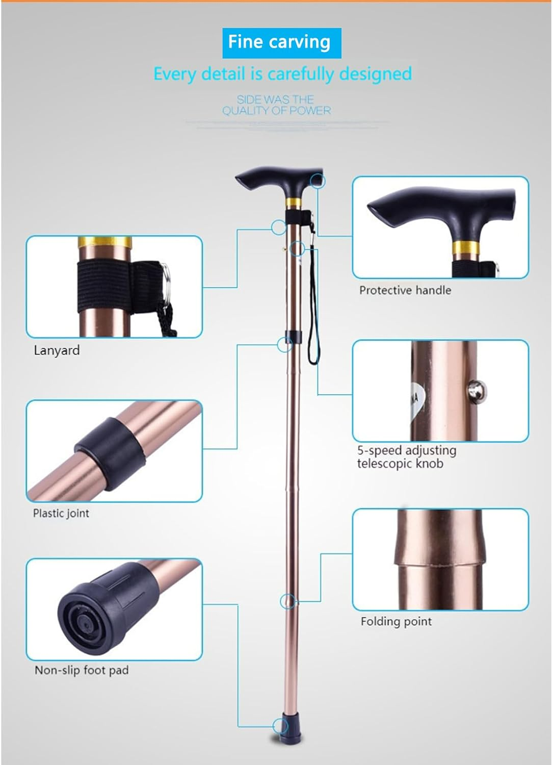 Folding Cane - Adjustable Height Lightweight Walking Stick for Seniors - Portable Travel Cane with Wrist Strap and T Handle image number 1