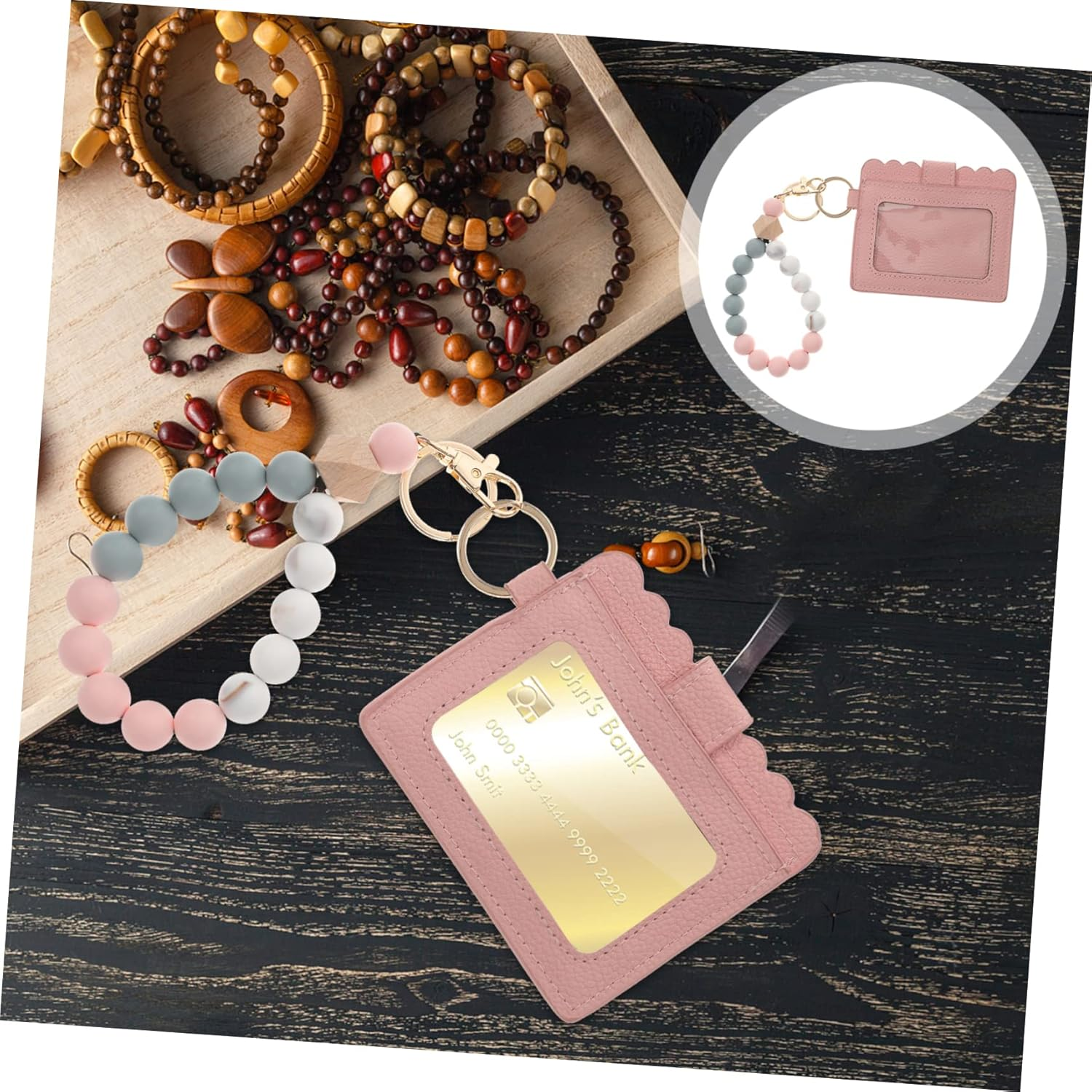 Pink Beaded Bracelet Key Ring Card Pouch Leather Wristlet Coin Pocket Portable Outdoor Keychain for Women image number 6