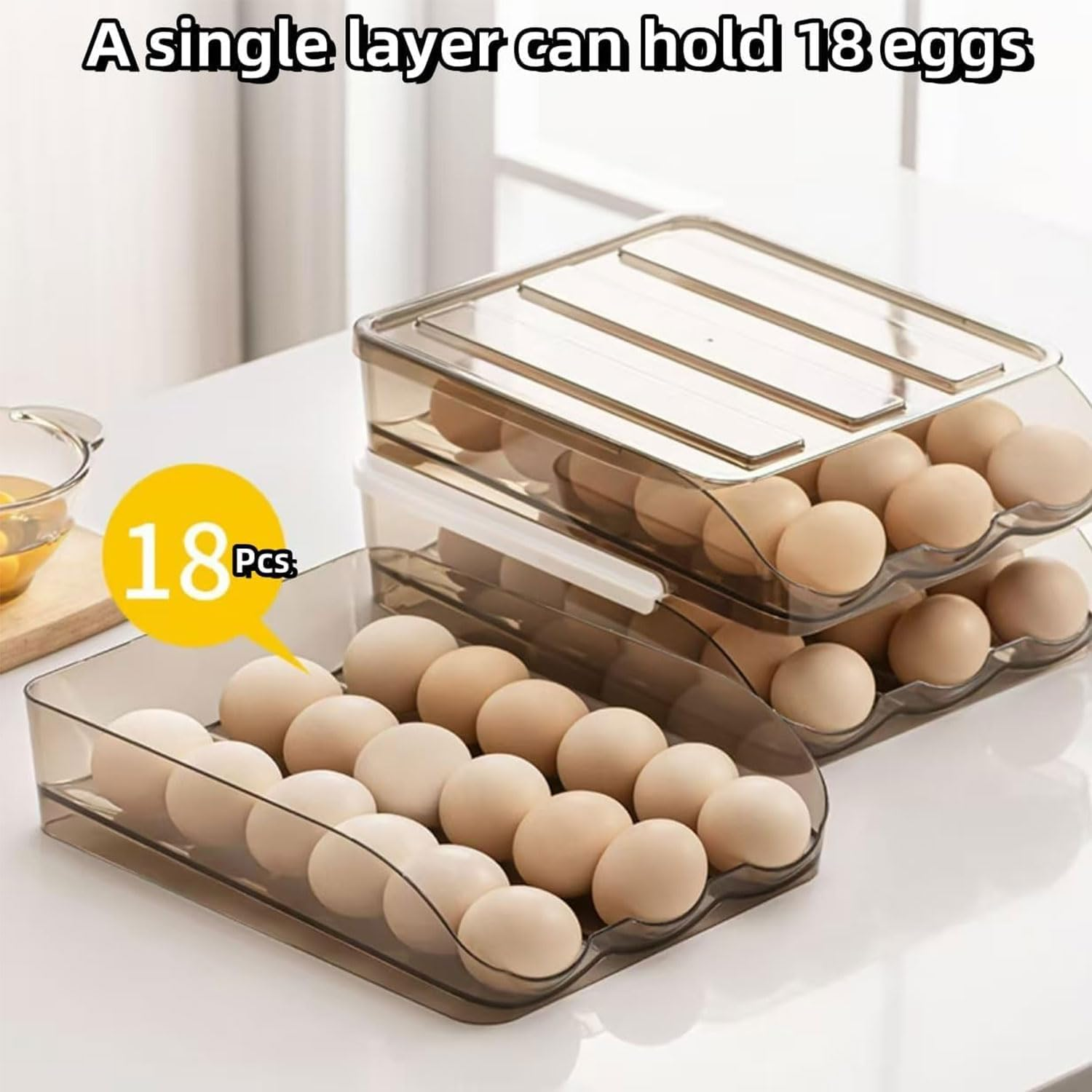 YIRANJIA 3-Layer Auto-Rolling Egg Holder for Refrigerator - 54-Egg Large Capacity Dispenser Tray for Fridge Kitchen Storage & Organisation Egg Dispenser image number 5