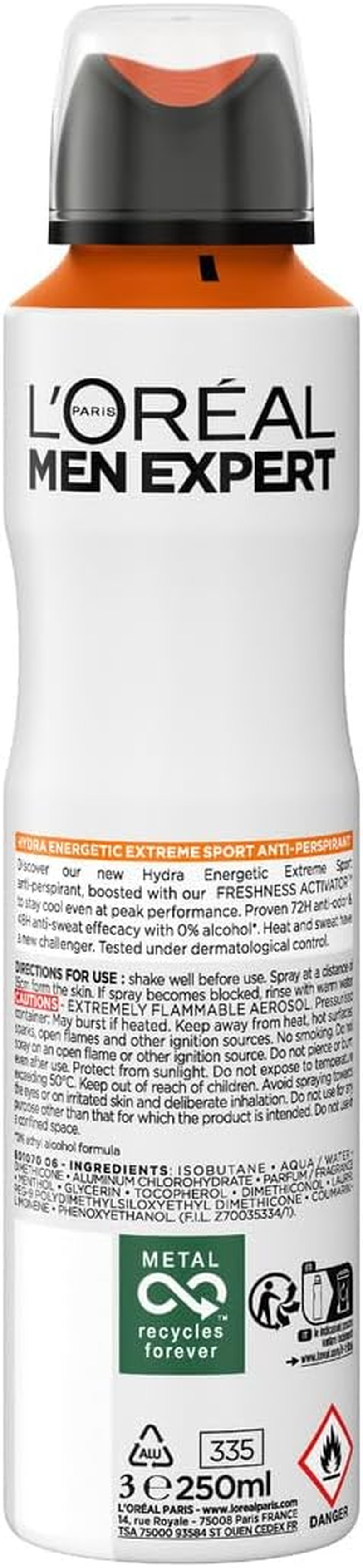 L'Oreal Paris Men Expert Hydra Energetic Extreme Sport, 72H Anti-Odor & 48 Anti-Sweat, 0% Alcohol, Anti-Perspirant Deodorant, 250Ml