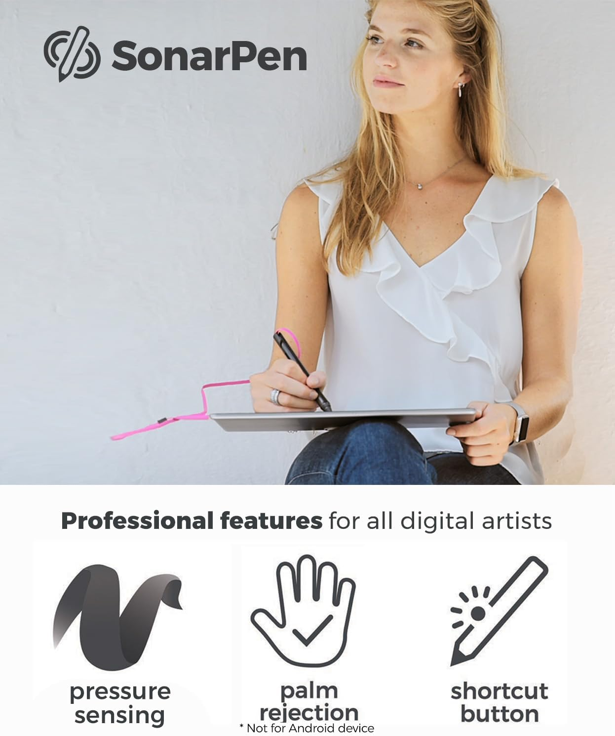 Sonarpen - Pressure Sensitive Smart Stylus Pen with Palm Rejection and Shortcut Button. Battery-Less. Compatible with Apple Ipad/Pro/Mini/Iphone/Android/Switch/Chromebook (Black)