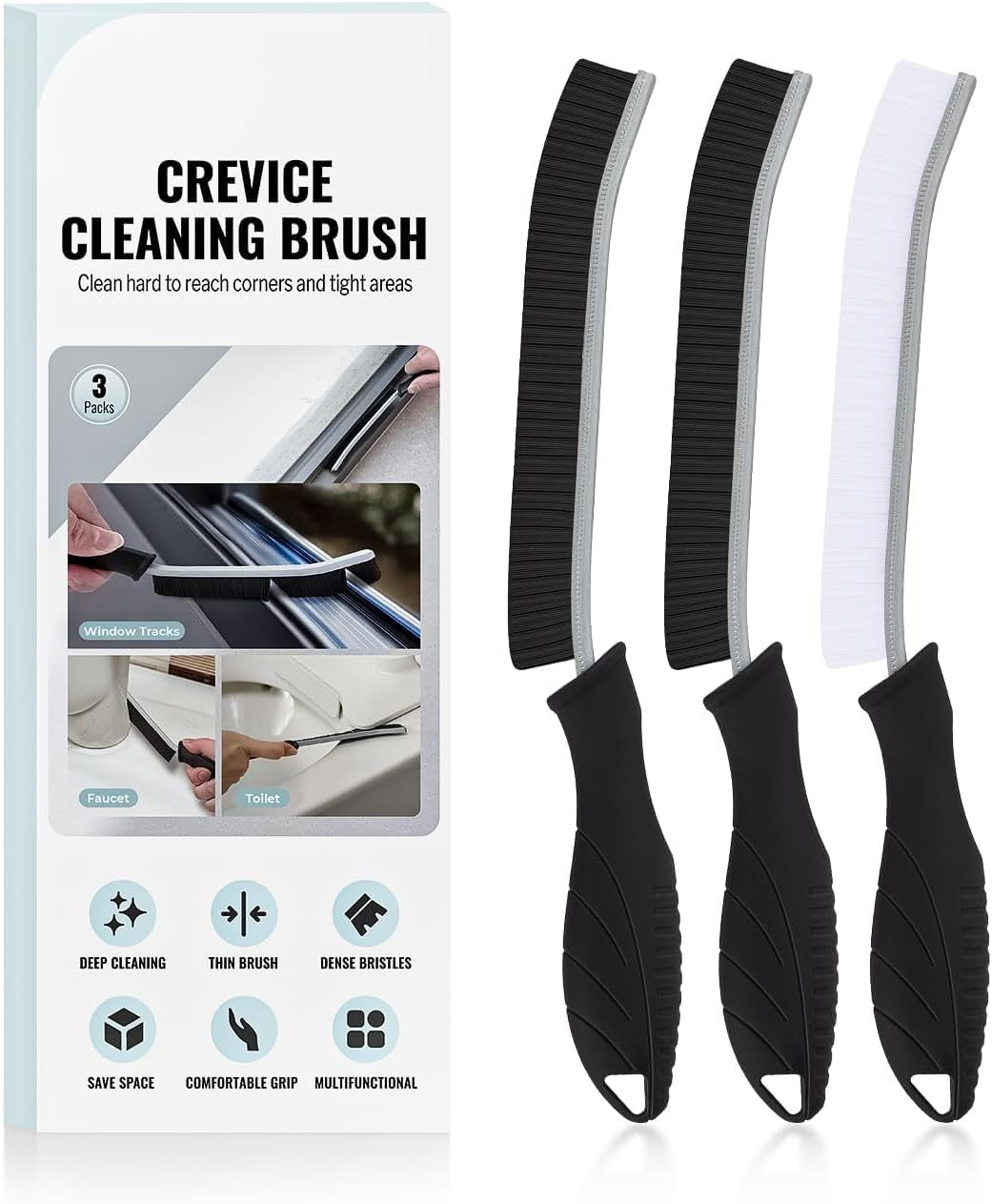 Crevice Cleaning Brush Set, Hard Bristle Multifunctional Gap Scrubber, Black, 3 Pack, for Window Tracks, Faucets, Bathroom, Kitchen, Home