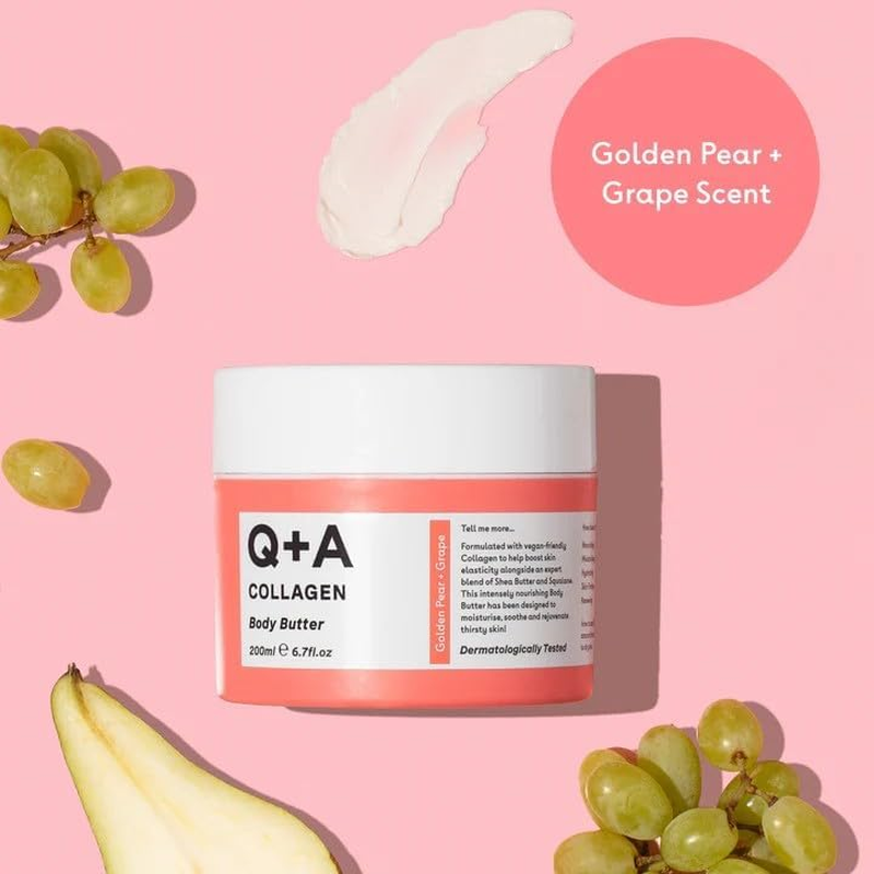 Q+A Collagen Body Butter: Luxuriously Rich, Intensely Moisturising Vegan Formula with Hydrolysed Vegetable Protein, Shea Butter, Squalane, and Golden Pear and Grape Scent for Soft, Supple Skin, 200Ml