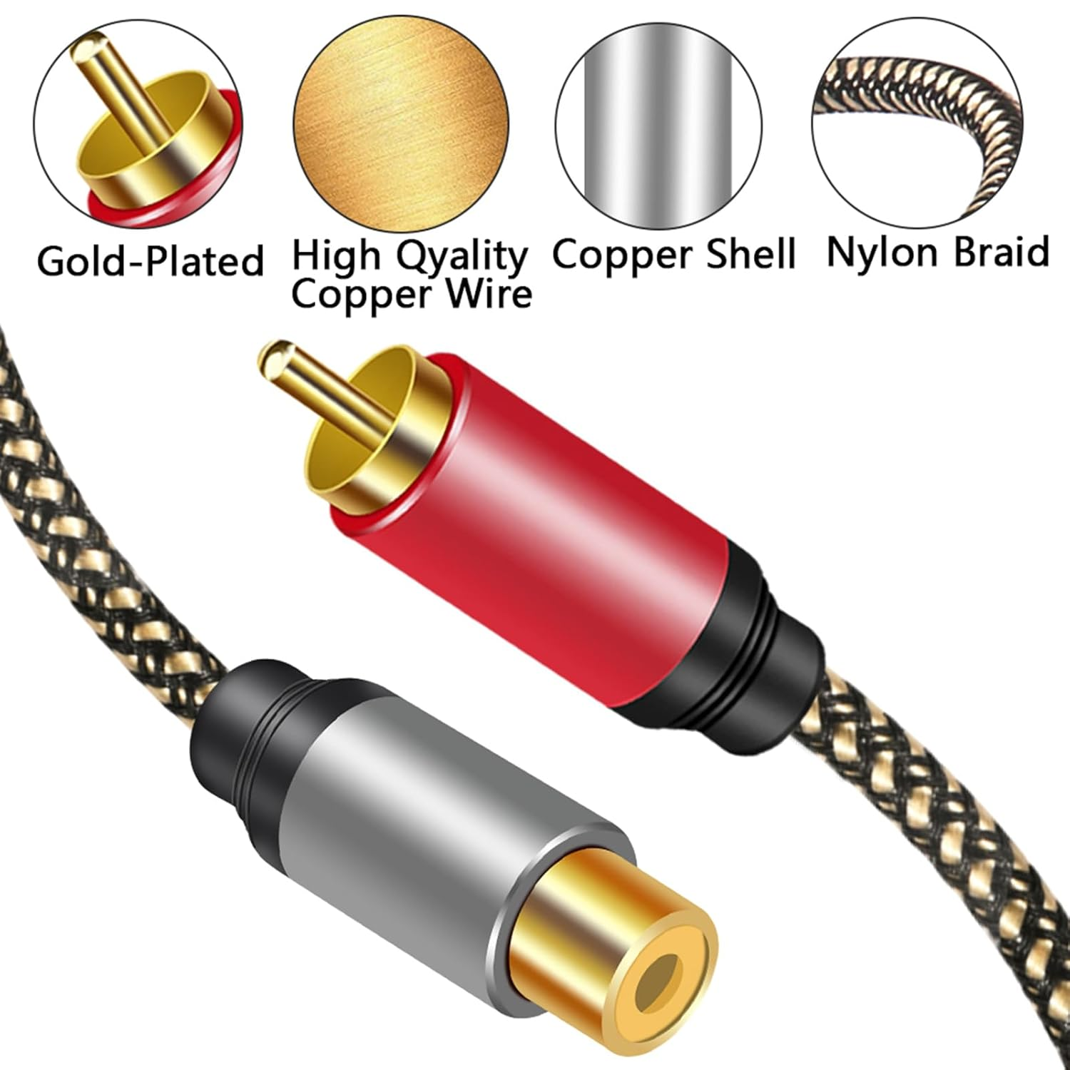 2 RCA Extension Cable 3M, 2RCA Male to 2RCA Female Stereo Audio Subwoofer Cable Nylon-Braided Cord Gold Plated Plug for Home Theater, HDTV, Car Audio, Speakers, Hi-Fi Systems
