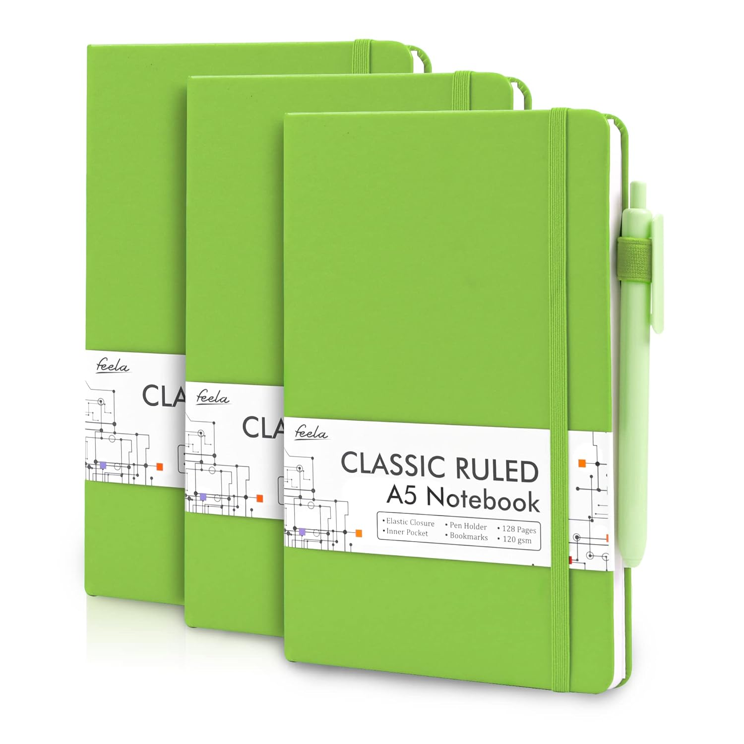 Feela 3 Pack Notebook Journals Bulk, Hardcover Notebooks Classic Ruled Lined Journals with Pen Holder for Women Girls School Business Supplies, with 3 Black Pens, 120 GSM, 5.1&rdquo;X8.3&rdquo;, A5, Green image number 4