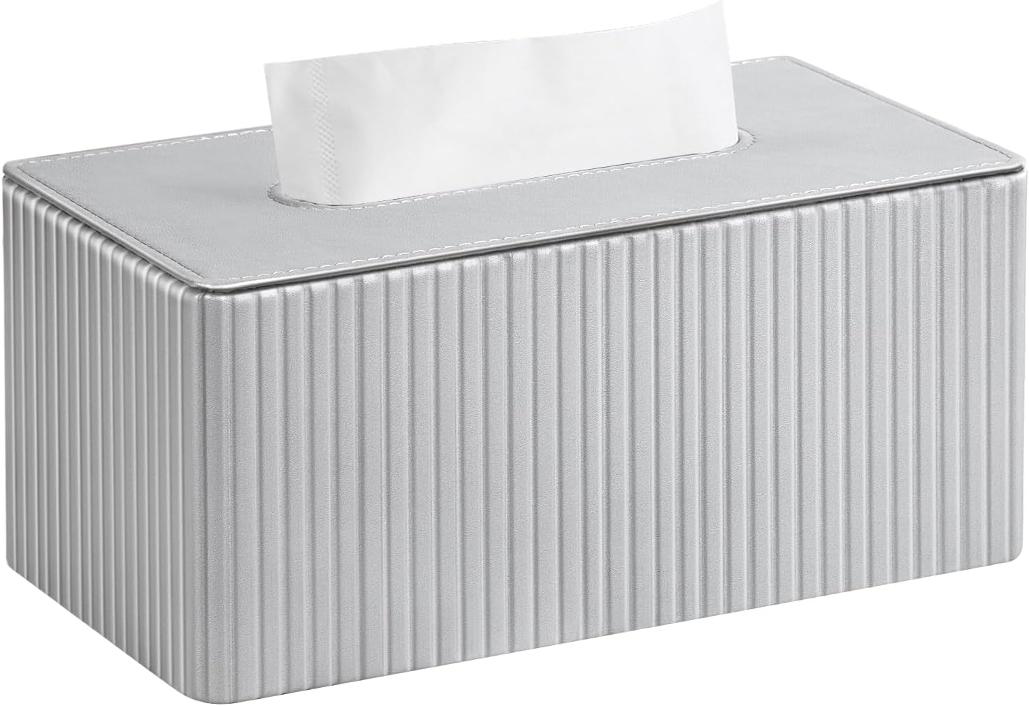 Stylish PU Leather Rectangle Tissue Box Cover with Magnetic Bottom for Bathroom Bedroom Office (White Stripes)