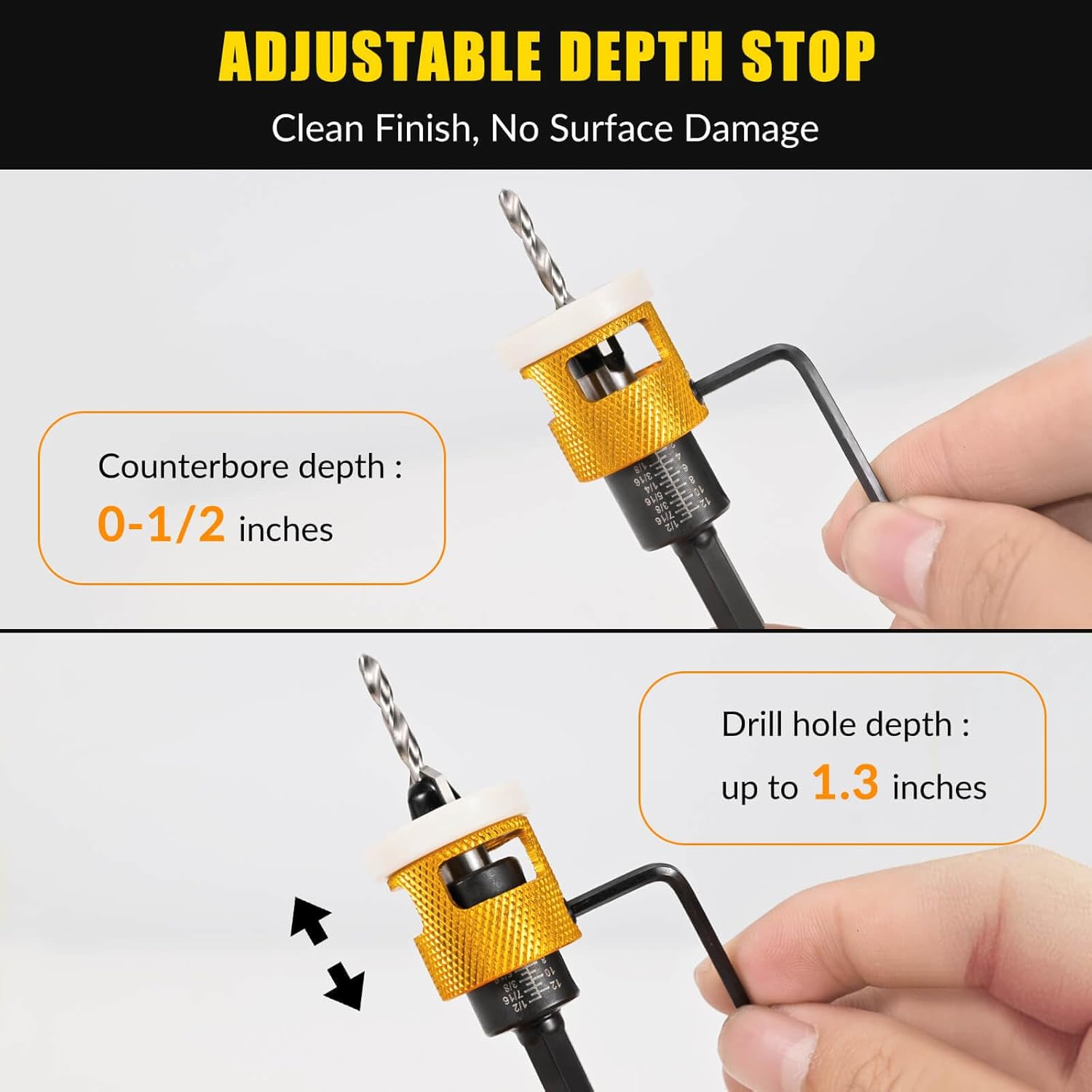 5PCS Countersink Drill Bit Set, Low Friction Depth Stop, 1/8 9/64" 5/32" Drill + 3/8&rdquo; 82&deg; Counter-Bore, 11/64" 3/16" Drill + 1/2" 82&deg; Counter-Bore, 1/4" Hex Shank, for Woodworking, with Storage Box image number 3