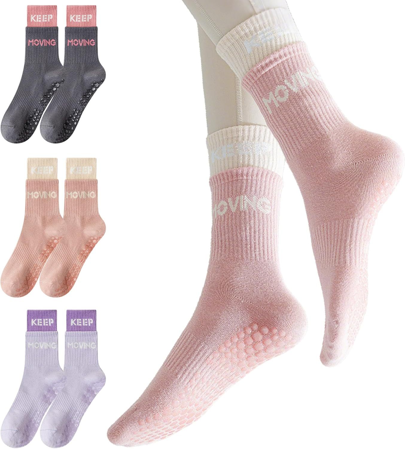 Pilates Grip Socks for Women - Non-Slip Yoga Workout Crew Socks for Gym Dance Training Barre Fitness