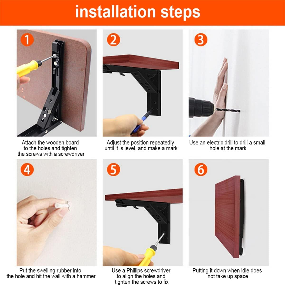 2 PCS Folding Shelf Bracket Heavy Duty, 10'' Stainless Steel Collapsible Wall Mounted Space Saving DIY Bracket for Table, Work Bench, Max Load: 150 Lb (Include Screws) image number 6