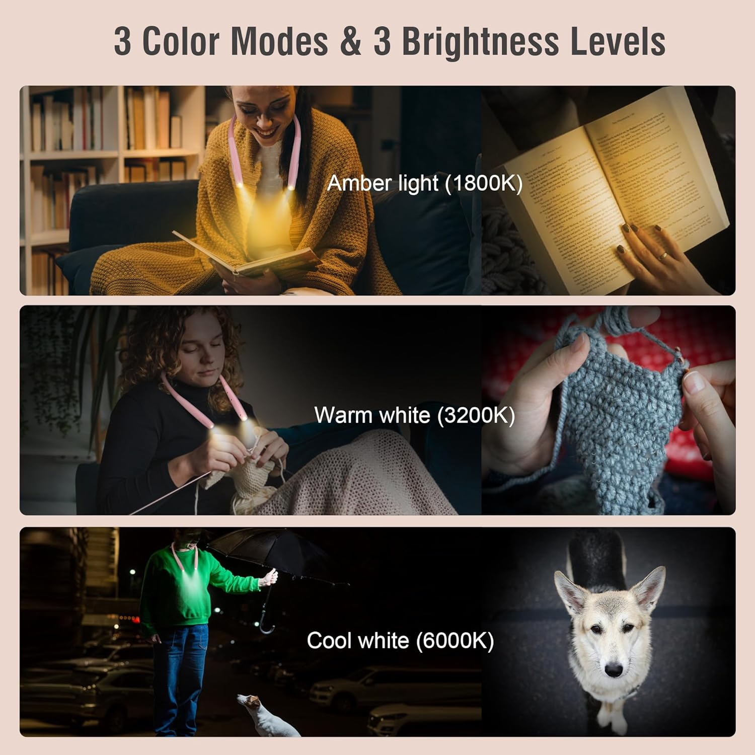 Singhong New Upgrade Neck Book Light, Elegant Style, Type-C USB Rechargeable, Lighter Weight,Each 3 Colors with 3 Brightness, 80-Hr Lasting Rechargeable Lamp,Perfect for Reading in Bed(Sakura Pink) - Chesse Yellow image number 5