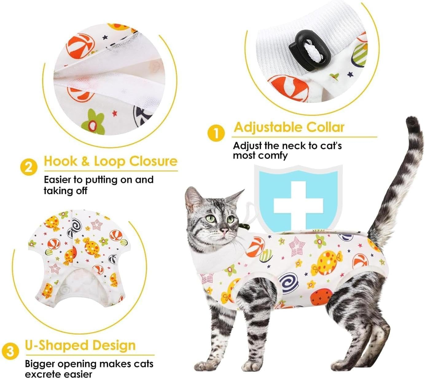 Cat Recovery Suit, Breathable Cat Bodysuit for Abdominal Wounds or Skin Dieases, Cotton Kitten Surgery Recovery Suit Onesie (Lollipop, M) image number 5