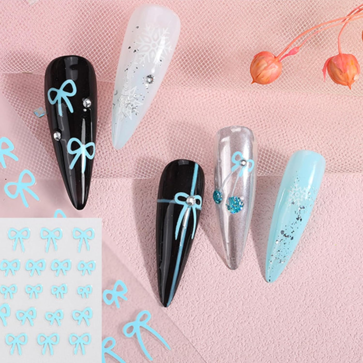 6 Sheets Bow Shaped Design Nail Art Stickers 3D Self-Adhesive Designer Nail Decals Colorful Cute Kawaii Bow Style Nail Decoration DIY Manicure Tips for Women Girls (3 Mixed Colors) image number 1