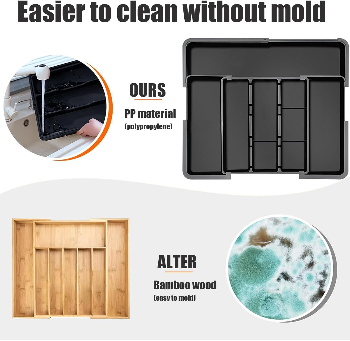 Cutlery Drawer Organiser with 4-Sided Expandable, Cutlery Organiser 6 Compartment, Movable Knife Organizers for Kitchen and Cutlery Tray,Forks, Knives and Gadgets image number 6