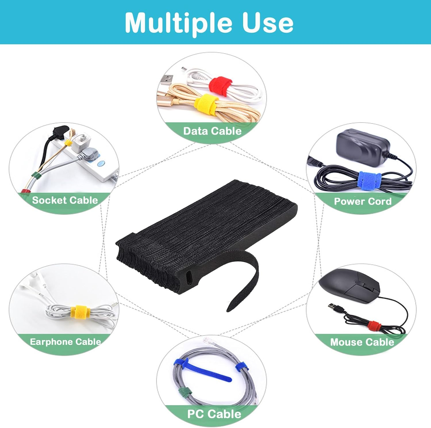 100 Pcs Reusable Cable Ties, T-Type Adjustable Hook & Loop Fastener Straps, Cable Management Straps for Electrical Cable & Wire Organizer (Black, 150Mm X 12Mm) image number 3