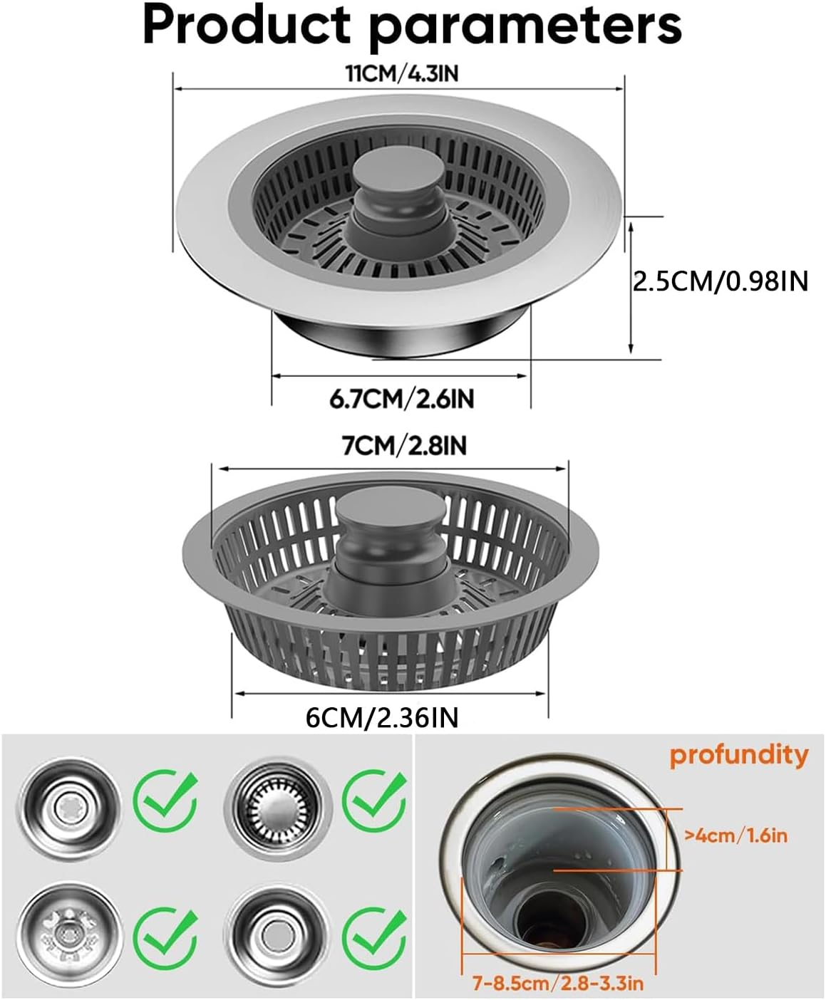 Kitchen Sink Drain Strainer and Stopper Combo 2 Pack, Large Capacity anti Clogging Basket Sink Filter with Handle Rod for American Standard 3-1/2 Inch Drain Pipes Strainer image number 5
