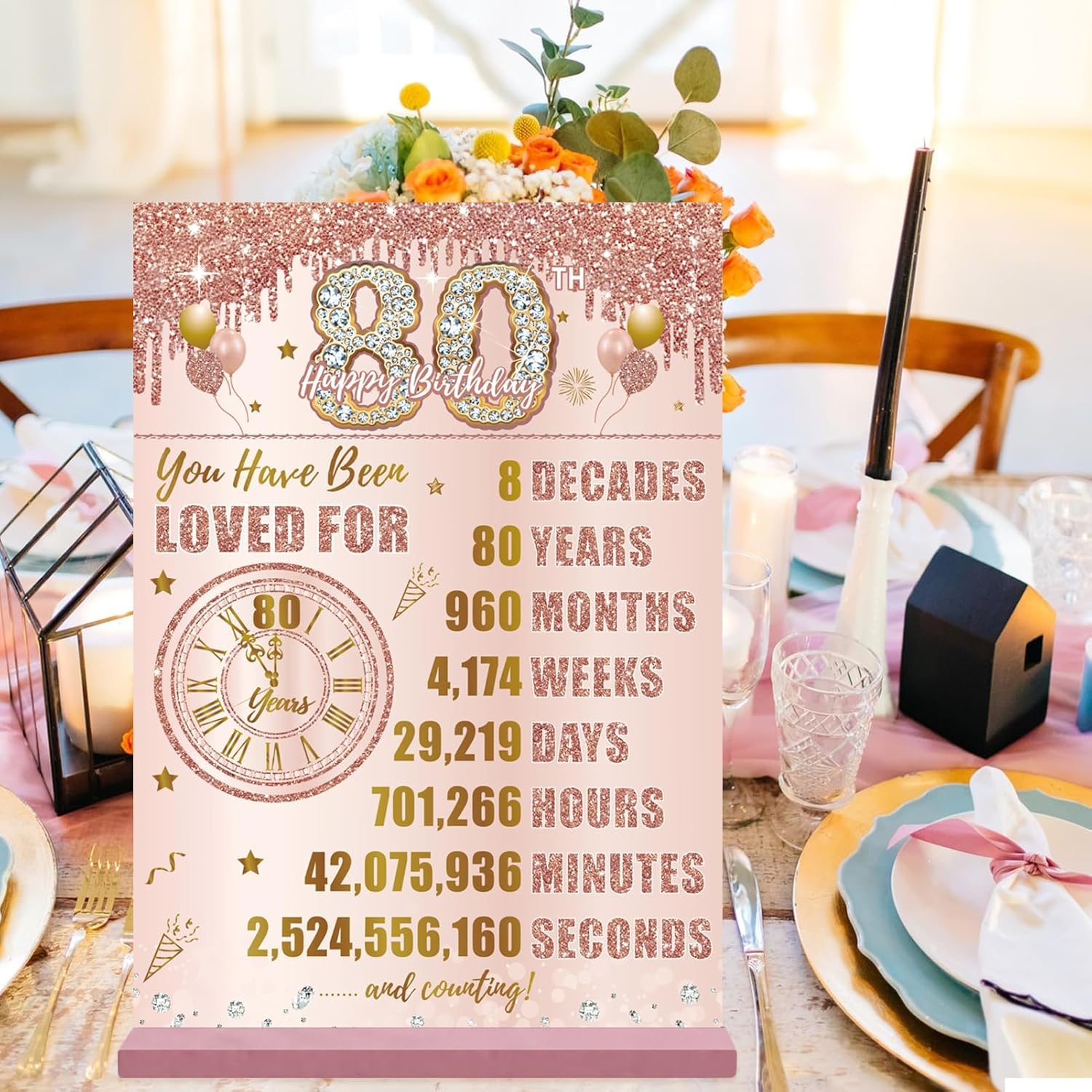 Bumqviy Happy 80Th Birthday Decorations Back in 1945 Table Sign for Women, Pink Rose Gold Happy 80 Birthday Two-Sided Wooden Poster with Stand, Eighty Year Old Birthday Gift Party Supplies image number 1