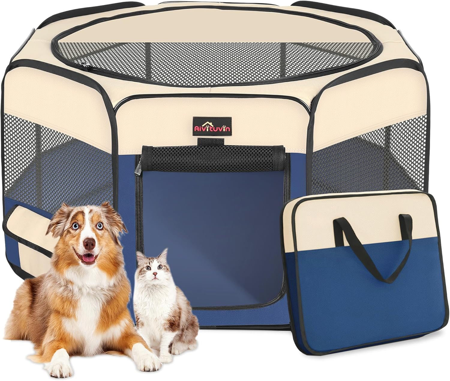 Dog Playpen, Cat Playpen - Foldable Pet Playpen with Carrying Case, Portable Pet Tent for Indoor/Outdoor Use | Water Resistant | Removable Shade Cover - (Blue, Small)
