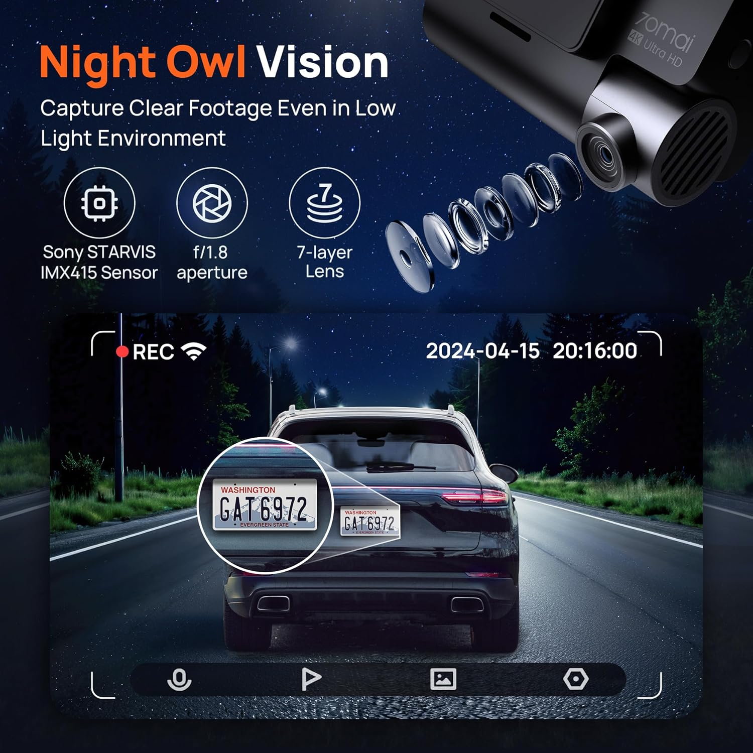 70Mai 4K Dash Cam Front and Rear with STARVIS, Built in 5Ghz Wifi & GPS Car Camera, Super Night Vision, ADAS, 3'' IPS Screen, 24H Parking Mode, Time-Lapse, Loop Recording, Support 256GB Max (A800S) image number 4
