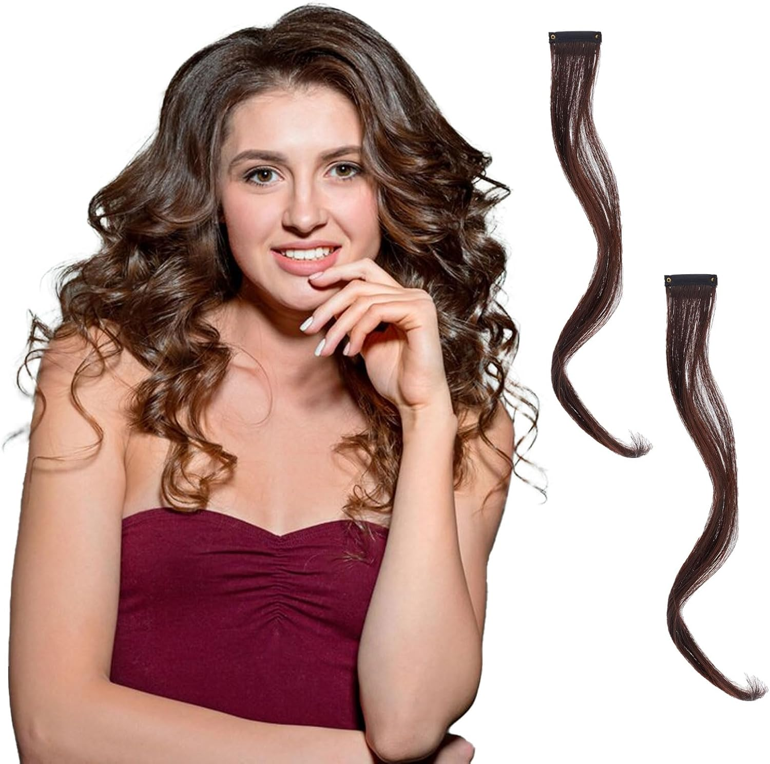 NICENEEDED Light Brown Clip-In Fake Bangs, Hair Clip in Extensions, Artificial Pony, Wavy, Curly, Long, Side Air Bangs Clips, Hair Clips image number 1