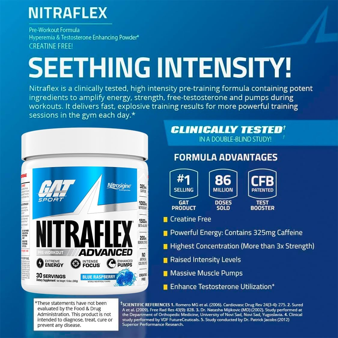 GAT Clinically Tested Nitraflex, Testosterone Enhancing Pre Workout, Blue Raspberry,300 Gram image number 3