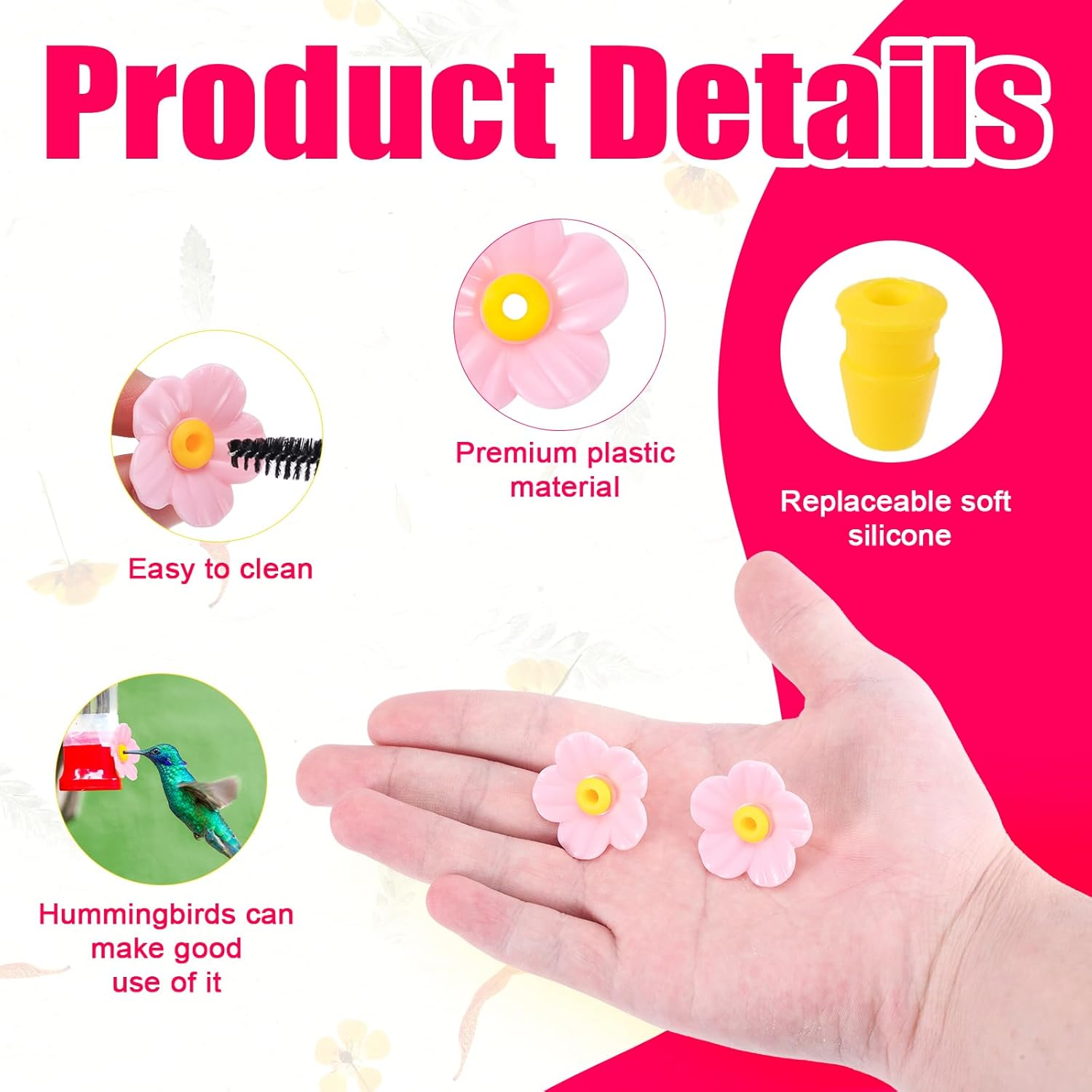 BOXOB 20Pcs Hummingbird Feeder Replacement Flowers, Pink Outdoors Hanging Hummingbird Feeder Parts with Brushes Bee Guards & Feeding Ports (Yellow Core) image number 1