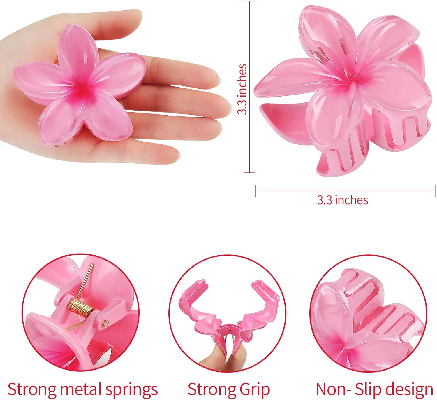 6 Pack Large Claw Clips for Women, Hawaiian Plumeria Hair Accessories, Non-Slip Claws for Thick, Thin, Curly Hair, Tropical Summer Hair Accessories, Beach, Gym, Everyday Use image number 3
