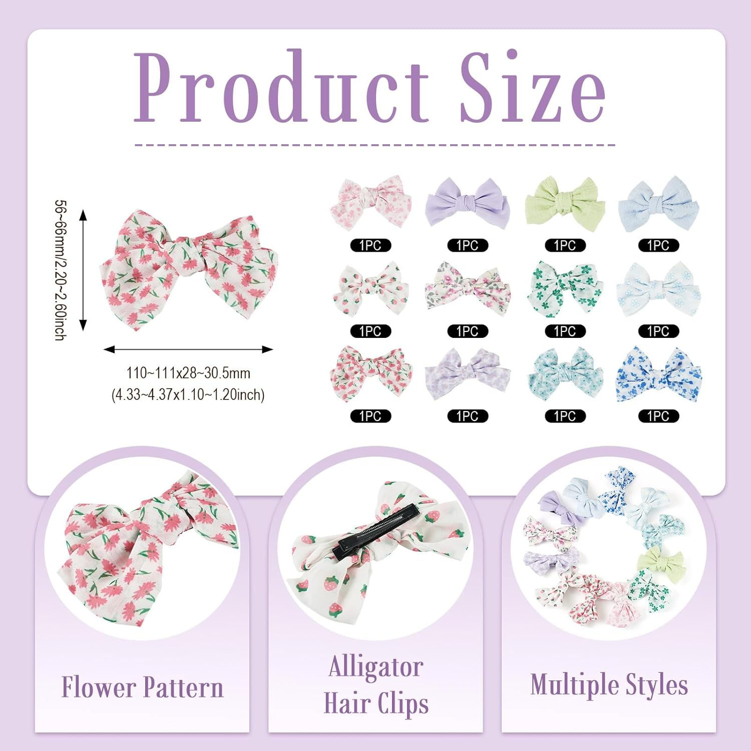 Cheriswelry 12Pcs Alligator Bow Barrettes 12 Colors Flower Strawberry Pattern Bowknot Barrettes Ribbon Bow Hair Clips for Women and Girls Decorative Accessory